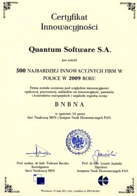 Certyfikat Innowacyjności dla Quantum software