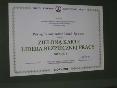 Pilkington Automotive nagrodzona za bezpieczeństwo pracy